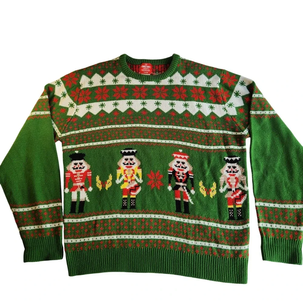 UGLY CHRISTMAS SWEATER Mens Large Green Red‎ White Nutcrackers Toy Soldiers